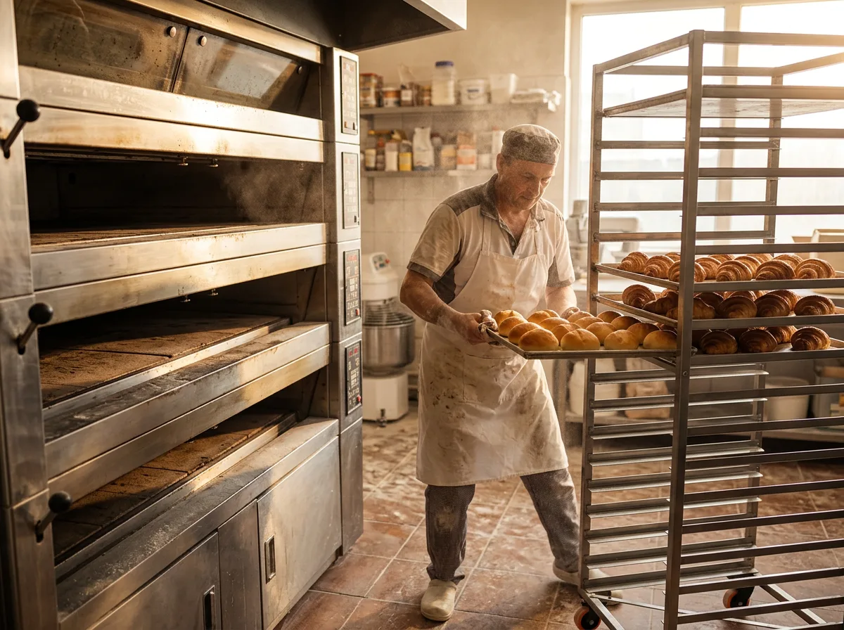 Padeiro levando uma assadeira de pães ao carrinho, ao lado do forno.