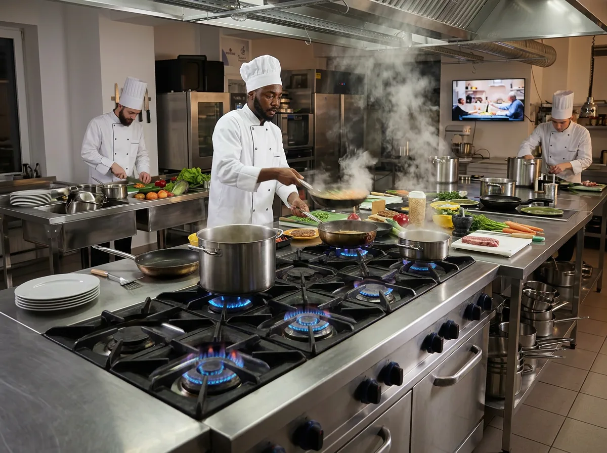 Cozinha profissional em serviço, com fogão de bocas acesas e mesas inox.